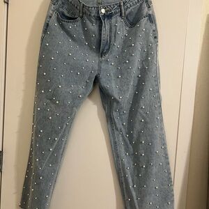 Women's Blue Pearl-Embellished Jeans